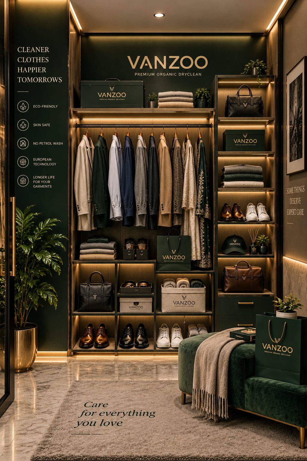Vanzoo store interior with a wardrobe wall of suits, shirts, bags and shoes