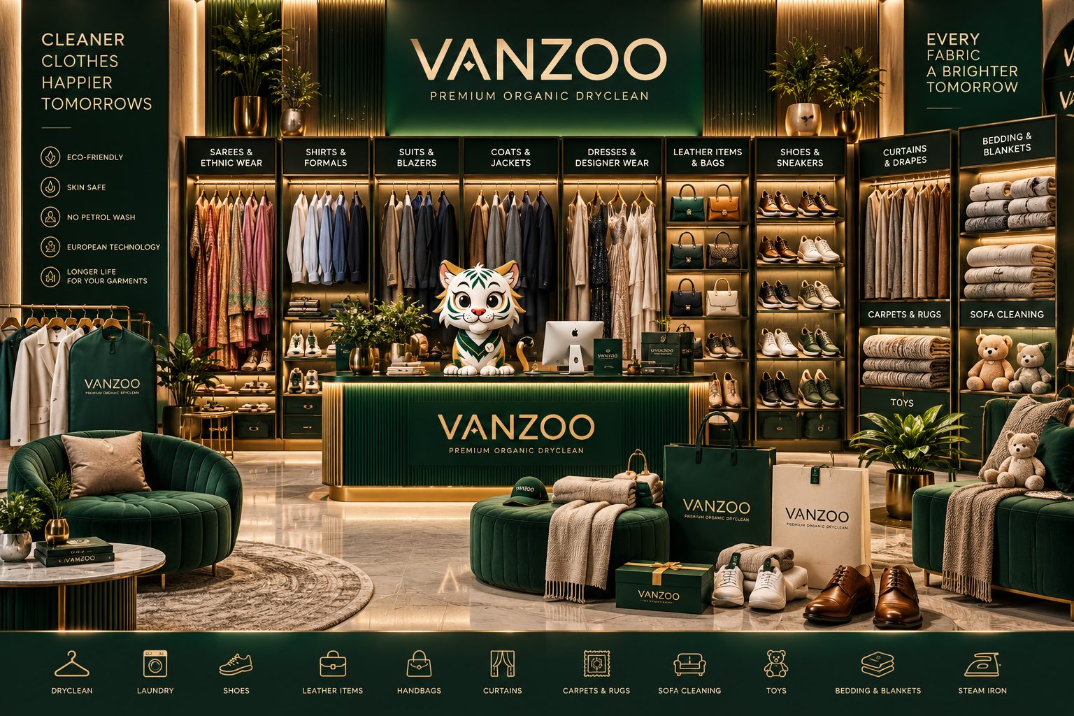 Inside a Vanzoo store: shelves of garments, shoes and bags, with the Vanzoo tiger mascot at the counter