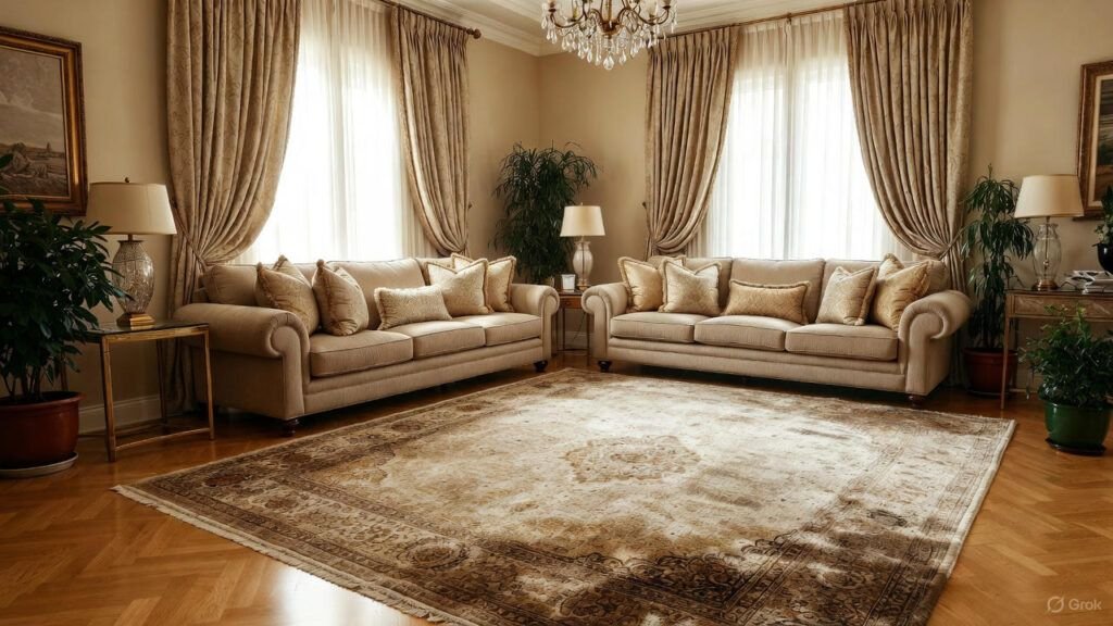 Landscape image of an area rug placed in a living room under furniture, showing foot traffic and dust buildup, demonstrating why area rugs and carpets require professional dry cleaning.