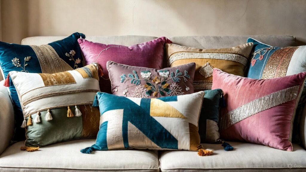 Landscape image of decorative cushions arranged on a sofa, featuring textured fabrics and embellishments, highlighting the need for professional dry cleaning of decorative pillows.