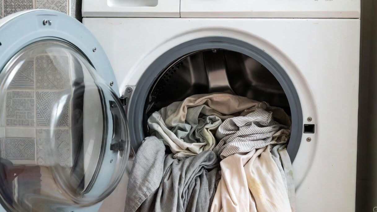 Landscape image showing a household washing machine with delicate home fabrics like curtains and cushions visibly creased and distorted, illustrating why home washing instead of professional dry cleaning can be risky for non-clothing items.