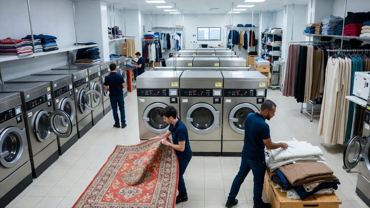 Landscape image of a professional dry cleaning facility handling household items like rugs and curtains with care, representing how to choose the right professional dry cleaning service.
