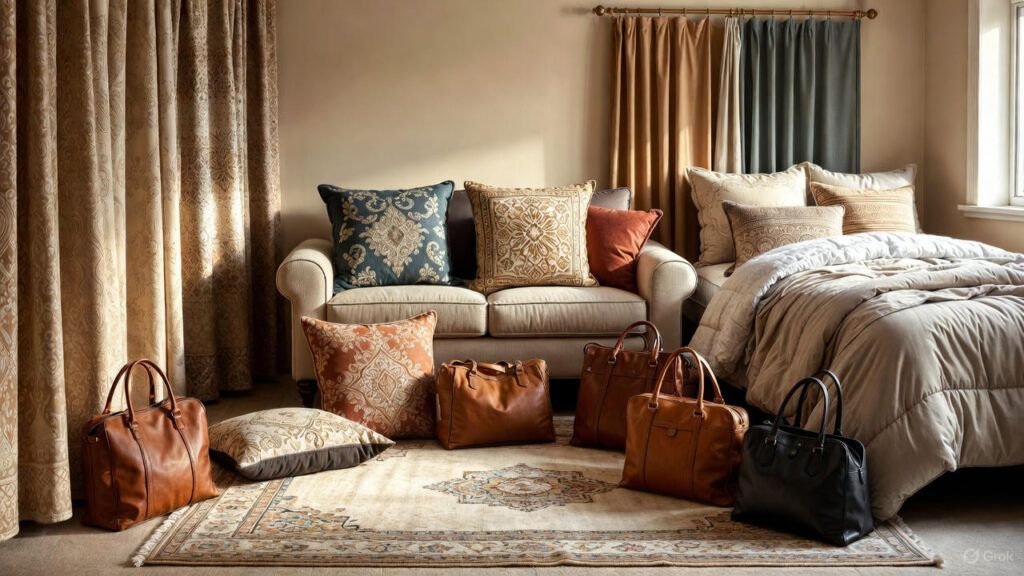 Landscape image displaying various household items such as curtains, area rugs, cushions, comforters, and leather accessories arranged in a clean home setting, highlighting non-clothing items that need professional dry cleaning.