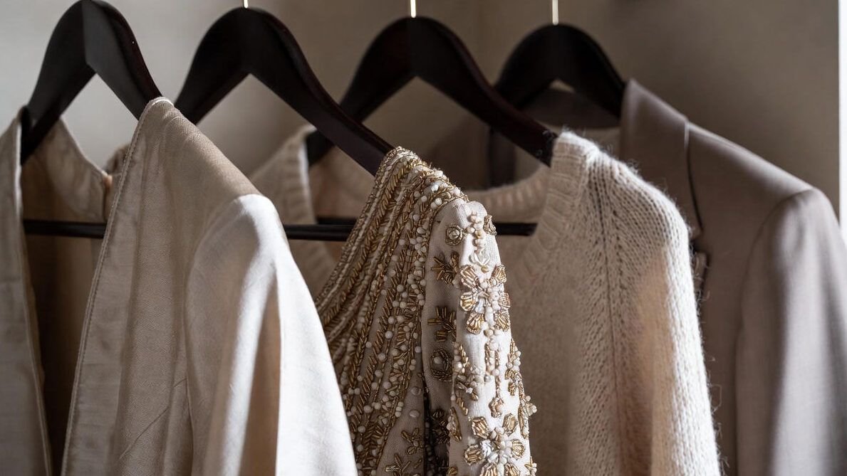 Close-up of premium fabrics and designer garment details, including silk texture, fine wool, and hand embroidery, explaining what defines luxury clothing and how to maintain luxury clothes properly