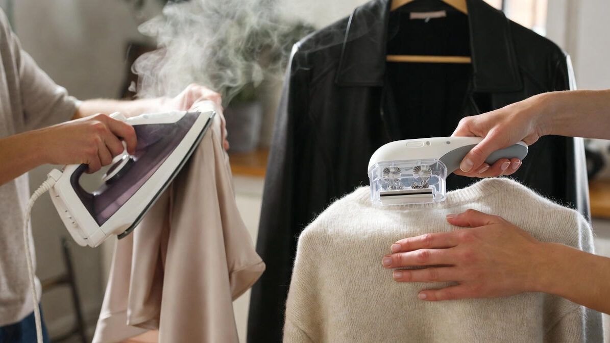 Different fabric care methods showing how to maintain luxury clothes including de-pilling cashmere, low-heat ironing silk, and storing leather on padded hangers
