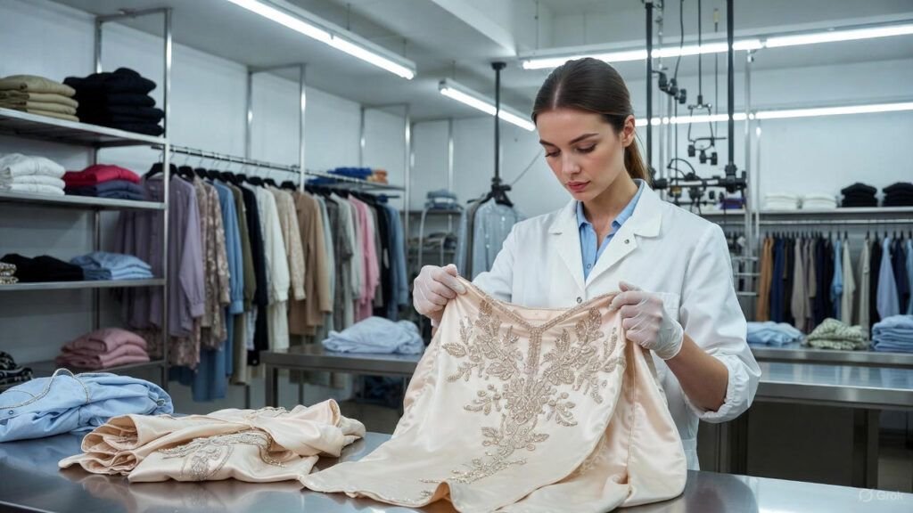 Professional garment care expert inspecting an embroidered luxury outfit, showing advanced methods used to maintain luxury clothes safely