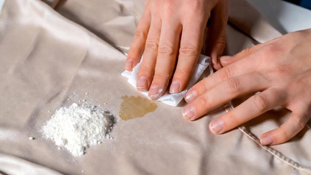 Careful stain removal on silk fabric illustrating how to maintain luxury clothes by blotting stains gently without damaging delicate material