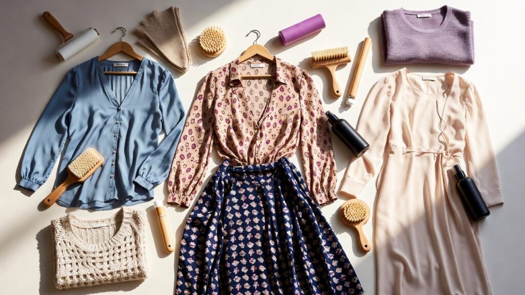 Flat lay of luxury designer clothing including silk, cashmere, and wool on a clean neutral surface, care tools neatly arranged, soft natural lighting, minimal background, premium wardrobe care concept, realistic photography style. Best Ways to Clean Designer Clothes