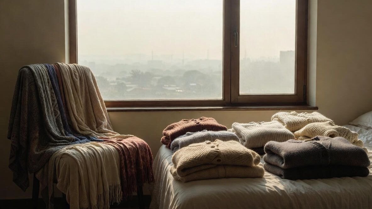 Best Fabric Care Tips for Woollen Clothes in Delhi Winters:
A cozy winter flat in Delhi, soft morning light coming through a window, neatly folded woollen sweaters on a bed, scarves and shawls nearby, light smog visible outside the window, warm neutral tones, realistic lifestyle photography, landscape orientation