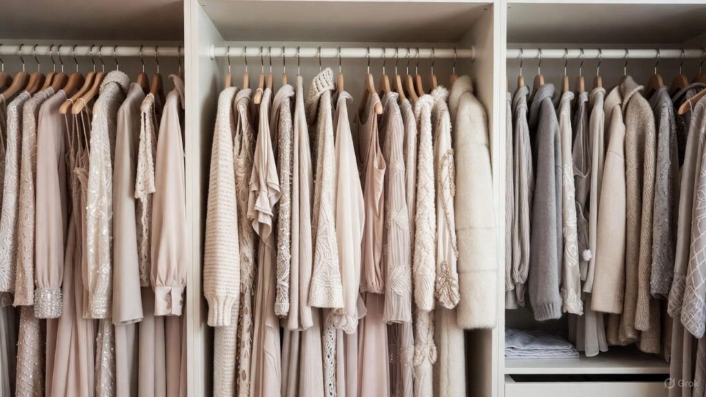 Close-up view of luxury designer clothes made of silk, cashmere, and wool hanging neatly in a wardrobe, showing delicate fabrics that require extra care to preserve texture, shape, and color, emphasizing why you should carefully dry clean expensive designer clothes
