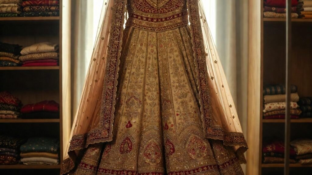 Bridal lehenga neatly folded after dry cleaning, showing the right way for how to store lehenga after dry cleaning safely. How to store lehenga after dry cleaning?