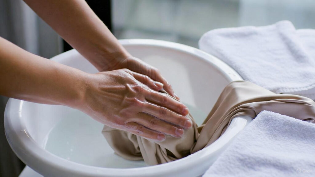 Gentle hand washing of silk garment at home demonstrating how to maintain luxury clothes using mild detergent and careful fabric handling