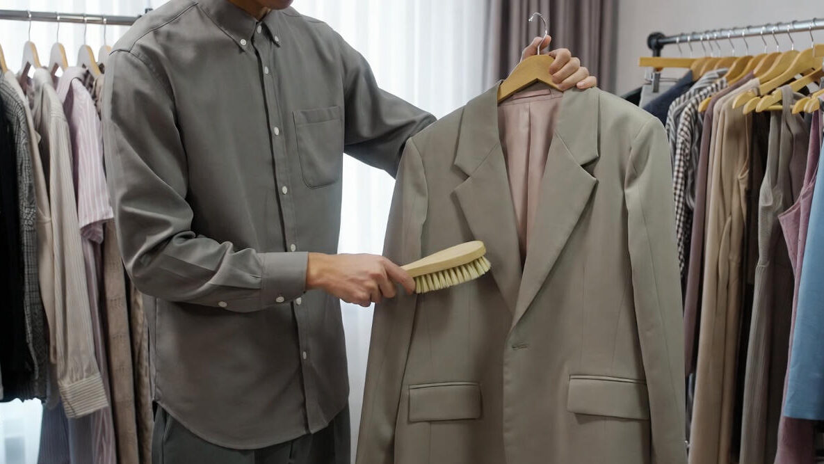 Daily clothing care routine demonstrating how to maintain luxury clothes by brushing a tailored blazer to remove dust and preserve fabric quality
