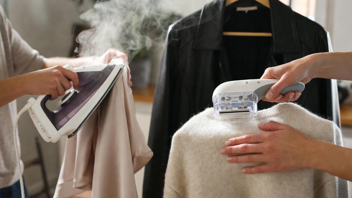 Different fabric care methods showing how to maintain luxury clothes including de-pilling cashmere, low-heat ironing silk, and storing leather on padded hangers