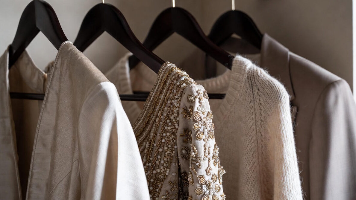 Close-up of premium fabrics and designer garment details, including silk texture, fine wool, and hand embroidery, explaining what defines luxury clothing and how to maintain luxury clothes properly