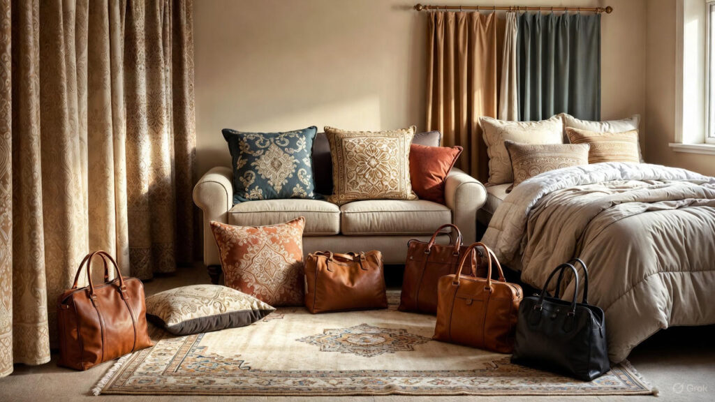 Landscape image displaying various household items such as curtains, area rugs, cushions, comforters, and leather accessories arranged in a clean home setting, highlighting non-clothing items that need professional dry cleaning.
