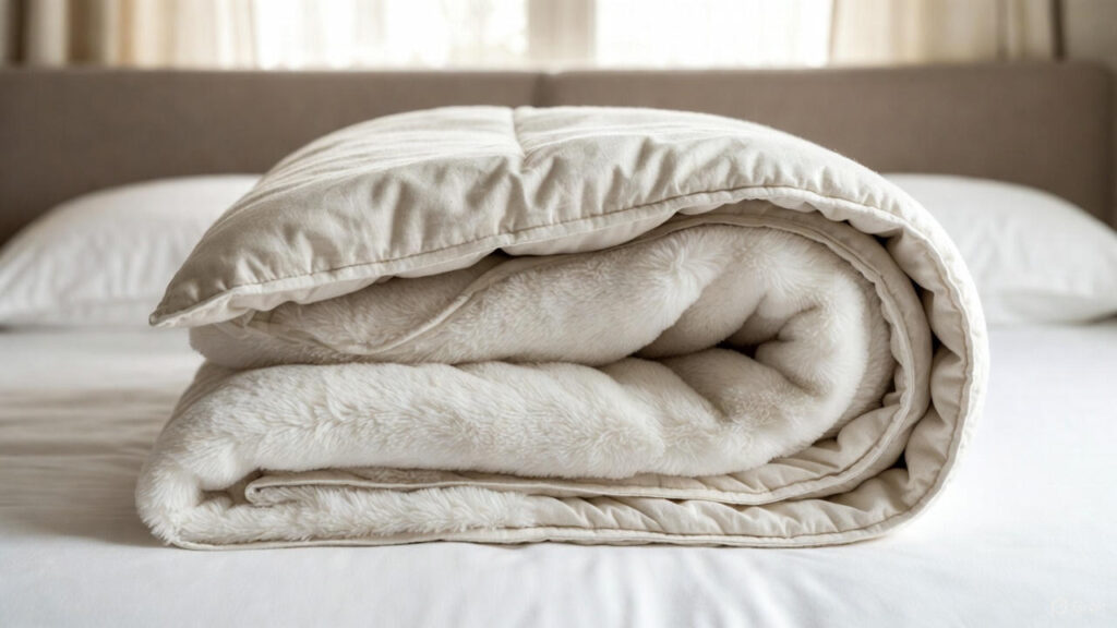 Landscape image of a large comforter spread neatly on a bed, showing thick layered fabric and plush filling, explaining why comforters and duvets should be professionally dry cleaned.
