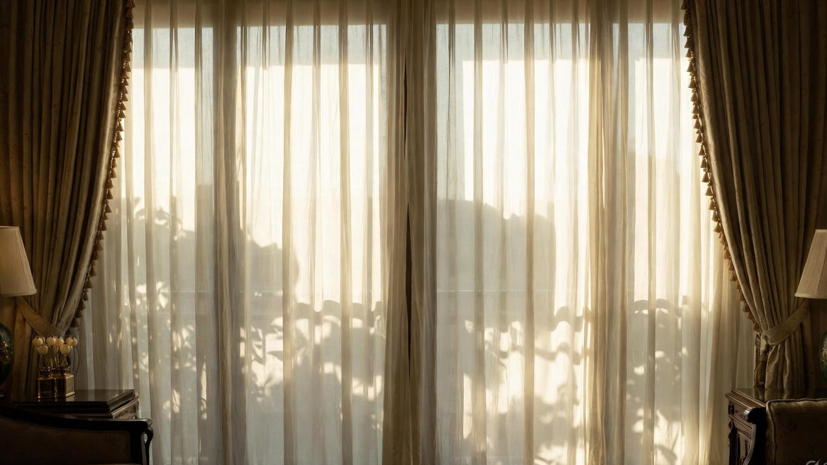 
Landscape image of long fabric curtains hanging by a sunlit window, showing dust exposure and fabric folds, emphasizing why curtains and drapes need professional dry cleaning.
