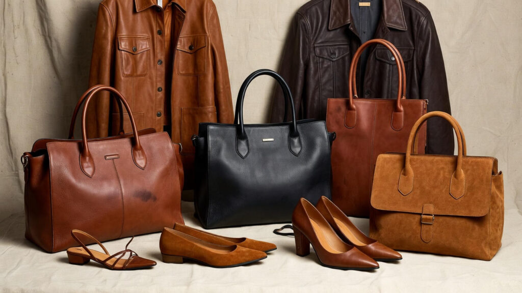 Landscape image of leather and suede household items such as handbags and jackets placed on a clean surface, illustrating why leather and suede items need professional dry cleaning.
