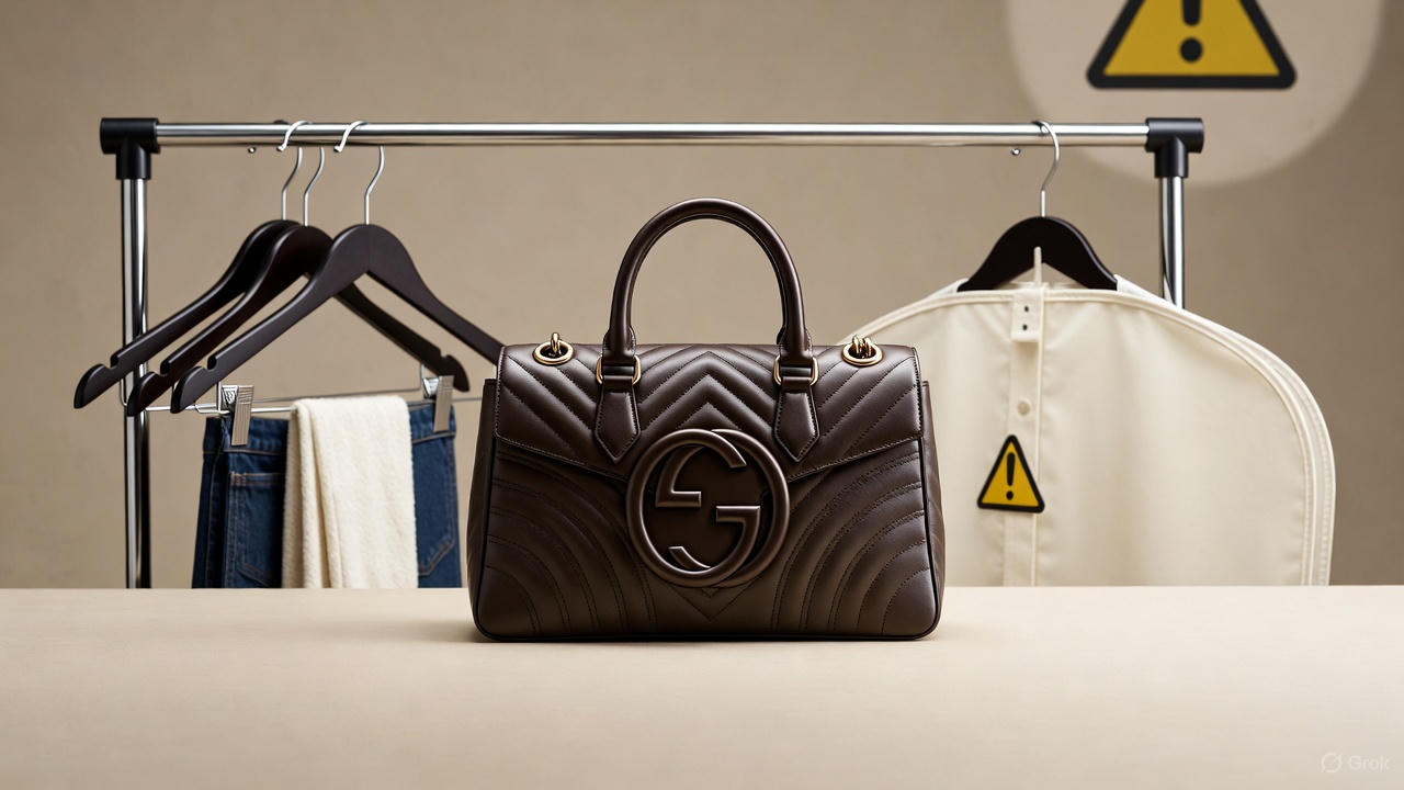 Can You Dry Clean Your Gucci Bag?- “A luxury Gucci handbag placed on a clean surface beside dry cleaning tools like hangers and garment bags, with a subtle warning symbol, soft neutral lighting, premium editorial photography style, minimal background