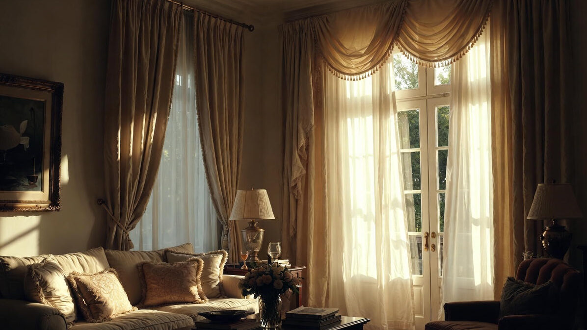 how to clean expensive curtains at home: “Luxury living room with elegant silk and velvet curtains softly flowing near a window, warm natural light, clean and refined home interior, premium décor, realistic photography, soft shadows, neutral tones, landscape mode, ultra-detailed”