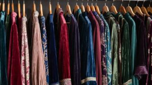 “Luxury velvet garments showing rich texture and color, demonstrating how to take care of velvet clothes properly, preserve velvet fabric, and maintain softness”