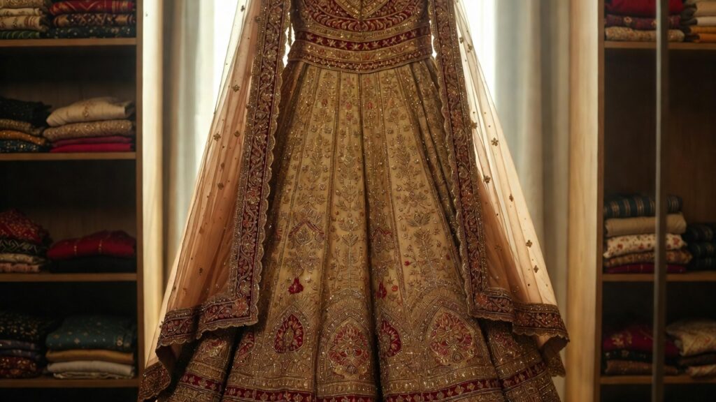 Bridal lehenga neatly folded after dry cleaning, showing the right way for how to store lehenga after dry cleaning safely. How to store lehenga after dry cleaning?