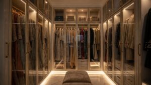 7 Must-Haves for Taking Care of Your Designer Clothes- A luxurious walk-in wardrobe in a high-end Indian home, warm ambient lighting, glass-front cabinets displaying designer lehengas, silk sarees, and tailored sherwanis in soft neutral tones. Close-up of rich textures—zardozi embroidery, pure silk sheen, handwoven fabrics. Marble flooring, velvet seating bench in center, golden accents, refined atmosphere. Editorial luxury fashion photography style, ultra-detailed fabric textures, soft cinematic lighting, premium lifestyle aesthetic, 16:9 landscape orientation.