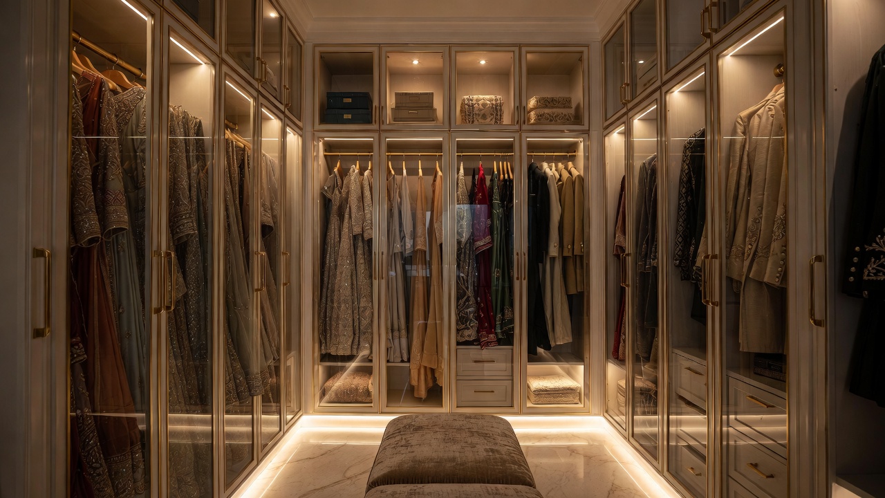 7 Must-Haves for Taking Care of Your Designer Clothes- A luxurious walk-in wardrobe in a high-end Indian home, warm ambient lighting, glass-front cabinets displaying designer lehengas, silk sarees, and tailored sherwanis in soft neutral tones. Close-up of rich textures—zardozi embroidery, pure silk sheen, handwoven fabrics. Marble flooring, velvet seating bench in center, golden accents, refined atmosphere. Editorial luxury fashion photography style, ultra-detailed fabric textures, soft cinematic lighting, premium lifestyle aesthetic, 16:9 landscape orientation.