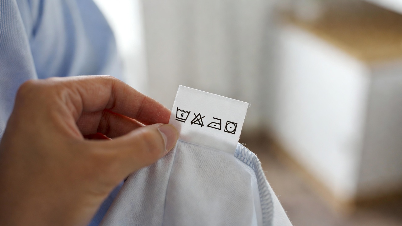 How to Read Care Labels Correctly- A close-up image of a clothing care label attached to a shirt, with laundry symbols clearly visible. A person gently holding the tag and reading it carefully. Soft natural lighting, minimal background, modern home setting, clean aesthetic, high resolution, realistic photography style.