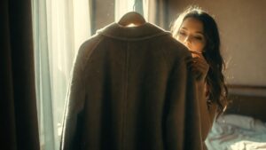 Before and After: How Vanzoo's Non-Toxic Methods Revived a Vintage Coat- Landscape orientation (16:9). A softly lit bedroom with a vintage wool coat hanging on a wooden hanger near a window. The coat looks slightly faded and aged. A woman gently touches the fabric with a nostalgic expression. Warm natural light filters through sheer curtains. Dust particles subtly visible in the sunlight for emotional storytelling. Cinematic, realistic photography, shallow depth of field, heritage aesthetic, rich texture detail on wool fabric.