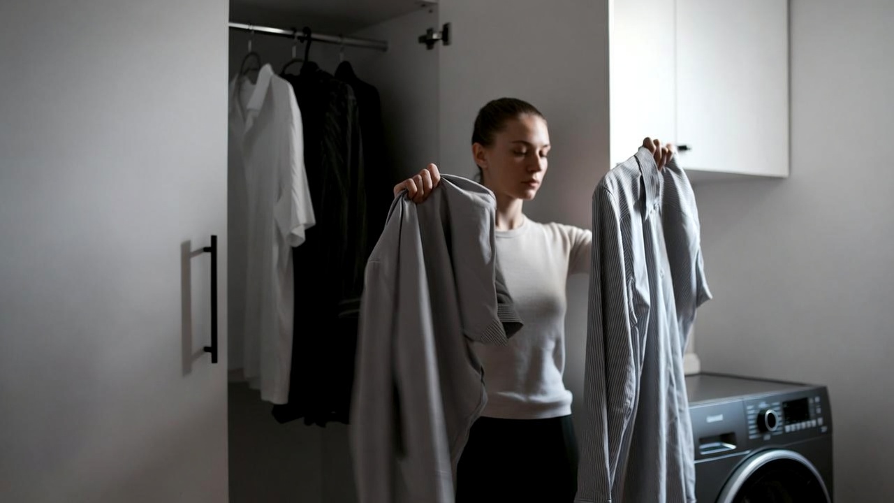 Fabric Care Guide: What Needs Dry Cleaning and What Doesn’t- A person standing in front of an open wardrobe holding two garments, looking confused about which one to wash or dry clean. Washing machine visible in the background. Soft indoor lighting, modern home setting, realistic lifestyle photography, clean and minimal composition.