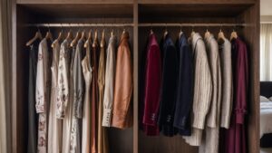 5 Mistakes That Ruin Expensive Clothes- A stylish wardrobe with neatly arranged luxury clothes like silk dresses, wool coats, velvet blazers, and cashmere sweaters. Soft natural lighting, elegant bedroom interior, minimal aesthetic, high-end fashion vibe, realistic photography, warm tones.